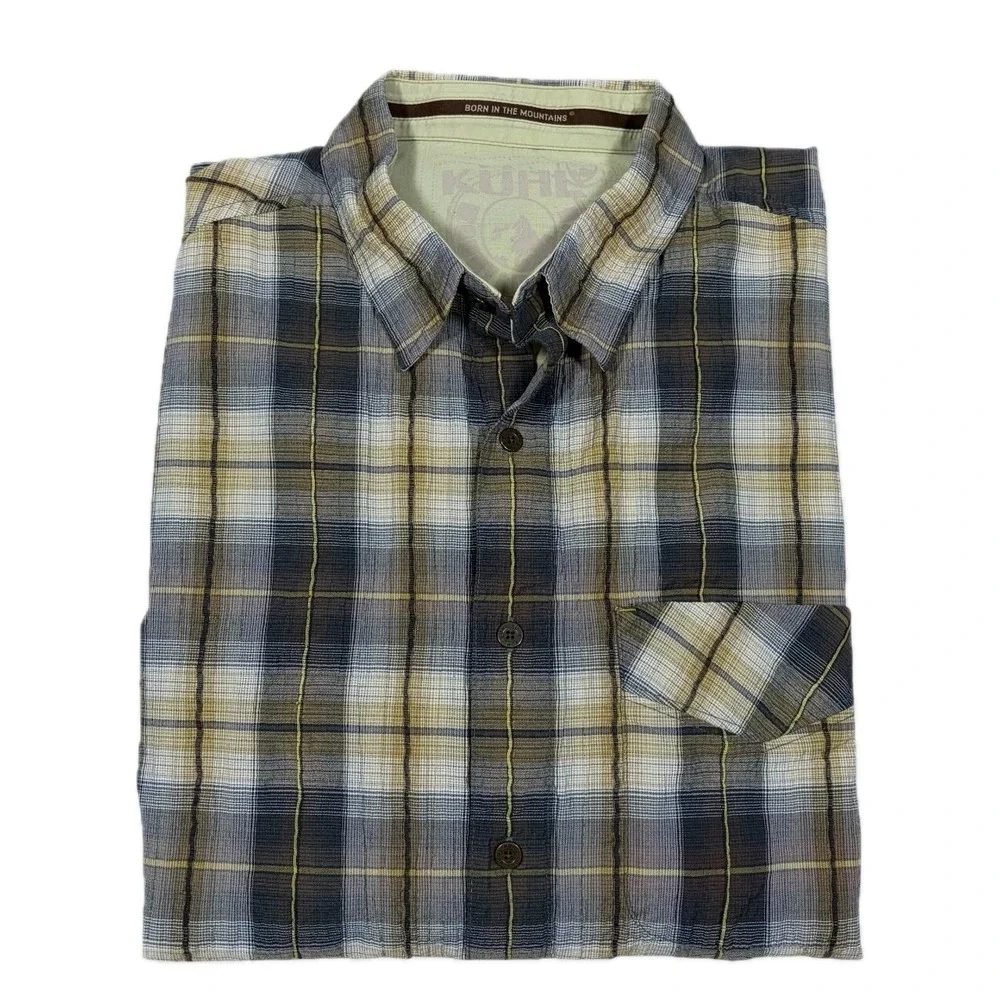 KUHL Shirt Men Large Plaid Crinkle Cotton Long‎ Sleeve Button Up Hiking Camping